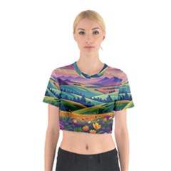 Field Valley Nature Meadows Flowers Dawn Landscape Cotton Crop Top by Maspions