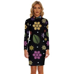 Embroidery Seamless Pattern With Flowers Long Sleeve Shirt Collar Bodycon Dress by Apen