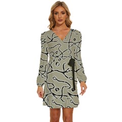 Sketchy Abstract Artistic Print Design Long Sleeve Waist Tie Ruffle Velvet Dress by dflcprintsclothing