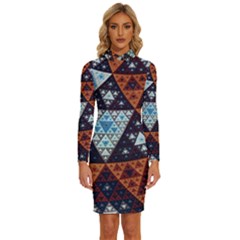 Fractal Triangle Geometric Abstract Pattern Long Sleeve Shirt Collar Bodycon Dress by Cemarart