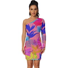 Pink And Blue Floral Long Sleeve One Shoulder Mini Dress by Sparkle