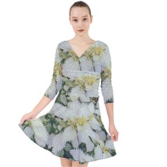 Enchanting Foliage Sharp Edged Leaves In Pale Yellow And Silver Bk Quarter Sleeve Front Wrap Dress by dflcprintsclothing