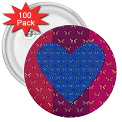 Butterfly Heart Pattern 3  Buttons (100 Pack)  by Simbadda