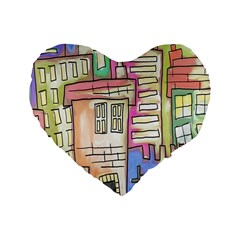 A Village Drawn In A Doodle Style Standard 16  Premium Flano Heart Shape Cushions by BangZart