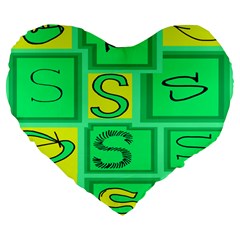 Letter Huruf S Sign Green Yellow Large 19  Premium Flano Heart Shape Cushions by Mariart