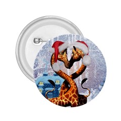 Christmas, Giraffe In Love With Christmas Hat 2 25  Buttons by FantasyWorld7