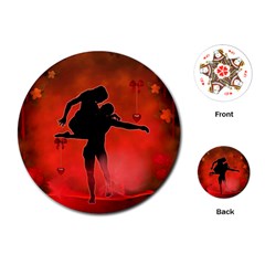 Dancing Couple On Red Background With Flowers And Hearts Playing Cards (round)  by FantasyWorld7