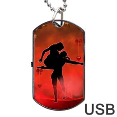 Dancing Couple On Red Background With Flowers And Hearts Dog Tag Usb Flash (two Sides) by FantasyWorld7
