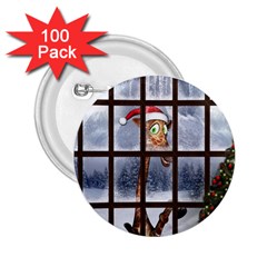 Funny Giraffe  With Christmas Hat Looks Through The Window 2 25  Buttons (100 Pack)  by FantasyWorld7