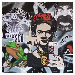 Frida Kahlo Brick Wall Graffiti Urban Art With Grunge Eye And Frog  Wooden Puzzle Square by snek