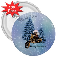 Merry Christmas, Funny Mouse On A Motorcycle With Christmas Hat 3  Buttons (100 Pack)  by FantasyWorld7