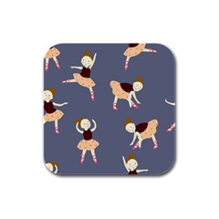 Cute  Pattern With  Dancing Ballerinas On The Blue Background Rubber Square Coaster (4 Pack)  by EvgeniiaBychkova