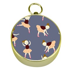Cute  Pattern With  Dancing Ballerinas On The Blue Background Gold Compasses by EvgeniiaBychkova