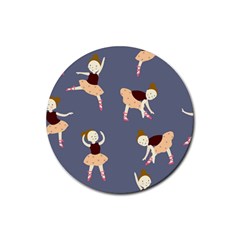 Cute  Pattern With  Dancing Ballerinas On The Blue Background Rubber Coaster (round)  by EvgeniiaBychkova