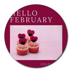 Hello February Text And Cupcakes Round Mousepad by artworkshop