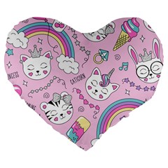 Beautiful-cute-animals-pattern-pink Large 19  Premium Flano Heart Shape Cushions by Salman4z