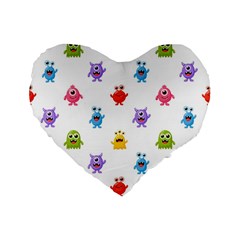 Seamless-pattern-cute-funny-monster-cartoon-isolated-white-background Standard 16  Premium Flano Heart Shape Cushions by Simbadda