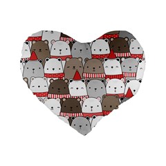 Cute Adorable Bear Merry Christmas Happy New Year Cartoon Doodle Seamless Pattern Standard 16  Premium Heart Shape Cushions by Amaryn4rt