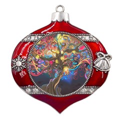 Psychedelic Tree Abstract Psicodelia Metal Snowflake And Bell Red Ornament by Modalart