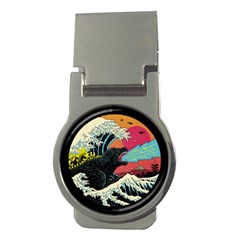 Retro Wave Kaiju Godzilla Japanese Pop Art Style Money Clips (round)  by Modalart