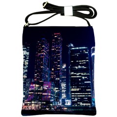 Black Building Lighted Under Clear Sky Shoulder Sling Bag by Modalart