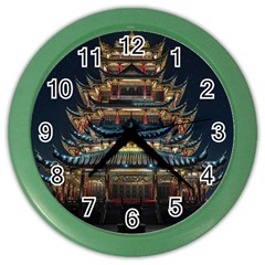 Blue Yellow And Green Lighted Pagoda Tower Color Wall Clock by Modalart