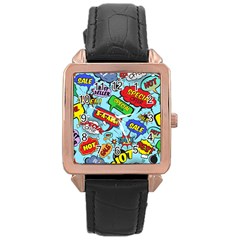 Comic Bubbles Seamless Pattern Rose Gold Leather Watch  by Bedest